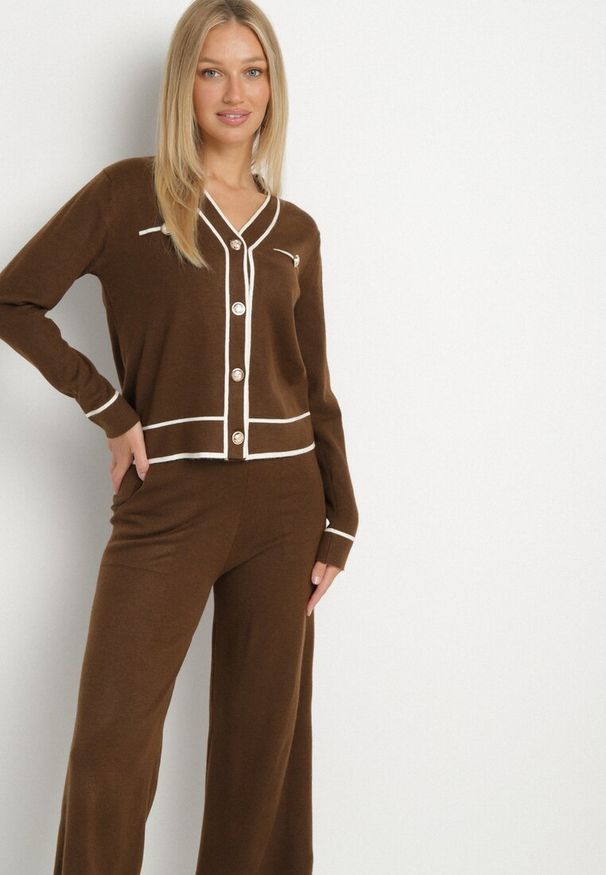 Born2be - Brązowy Dzianinowy Komplet Szerokie Spodnie i Kardigan z Lamówkami Gioresa. Kolor: brązowy. Materiał: dzianina. Wzór: gładki
