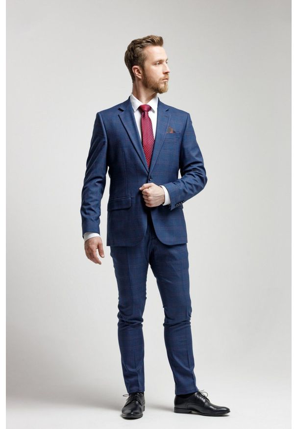Victorio - Garnitur Elegancki SLIM, Granatowy w Kratkę Zapinany na Dwa Guziki, Spodnie w Kant -VICTORIO. Kolor: niebieski. Materiał: elastan, poliester, wiskoza. Wzór: kratka