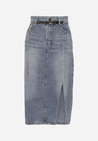 Born2be - Granatowa Bawełniana Spódnica Jeansowa Ozdobiona Łańcuchem Lilisela. Okazja: na co dzień. Kolor: niebieski. Materiał: bawełna, jeans. Wzór: aplikacja. Styl: klasyczny, elegancki, casual #5
