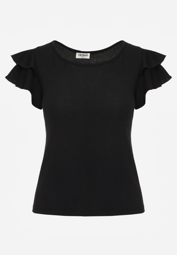 Renee - Czarna Gładka Bluzka z Bawełny z Rękawkami z Falbanek Nedaxera. Okazja: na co dzień, na randkę, na imprezę. Typ kołnierza: kołnierz z falbankami. Kolor: czarny. Materiał: bawełna. Długość rękawa: krótki rękaw. Wzór: gładki. Styl: casual