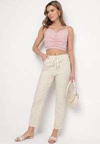 Born2be - Ciemnobeżowe Bawełniane Spodnie z Wiązaniem Galtebis. Okazja: na co dzień. Kolor: beżowy. Materiał: bawełna. Styl: elegancki, casual #5