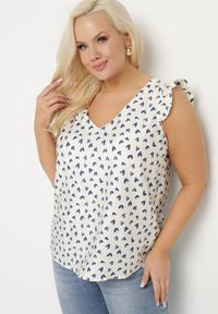 Born2be - Beżowo-Niebieska Bluzka z Wiskozą w Serduszka z Falbankami na Ramionach Tasozi. Okazja: na co dzień. Typ kołnierza: kołnierz z falbankami. Kolekcja: plus size. Kolor: niebieski. Materiał: wiskoza. Styl: casual #3