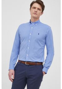 Polo Ralph Lauren koszula męska slim z kołnierzykiem button-down. Typ kołnierza: polo, button down. Kolor: niebieski. Materiał: tkanina. Długość rękawa: długi rękaw. Długość: długie