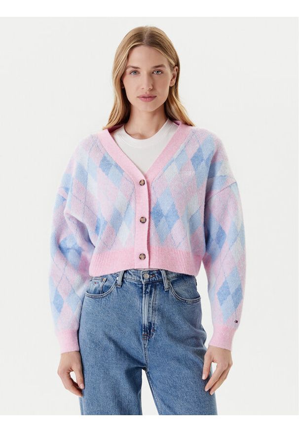 Tommy Jeans Kardigan Argyle DW0DW21180 Różowy Relaxed Fit. Kolor: różowy. Materiał: syntetyk