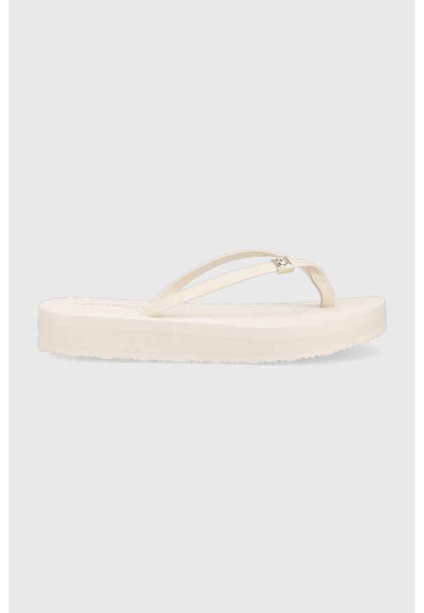 TOMMY HILFIGER - Tommy Hilfiger japonki TH MONOGRAM FLAT SANDAL damskie kolor biały na platformie FW0FW06964. Kolor: beżowy. Materiał: materiał. Wzór: gładki. Obcas: na platformie
