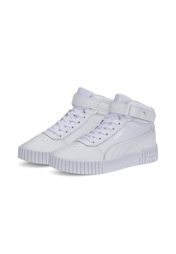 Puma - Damskie sneakersy Carina 2.0 Mid PUMA White Silver Gray. Okazja: na plażę. Kolor: szary, biały, wielokolorowy. Materiał: guma, syntetyk, materiał. Sezon: lato. Sport: turystyka piesza