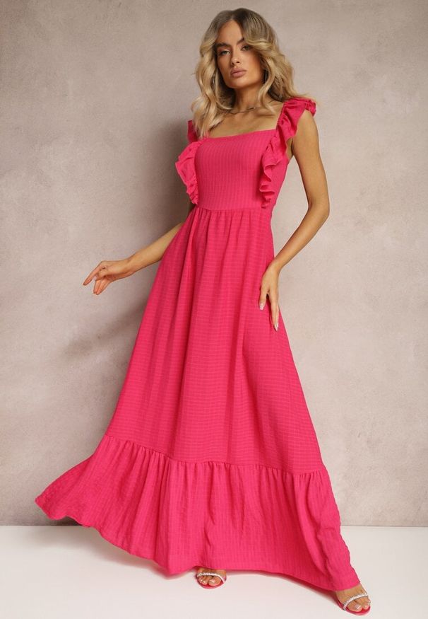 Renee - Fuksjowa Sukienka z Wiązaniem na Plecach na Ramiączkach z Falbankami i Gumką w Pasie Rollas. Okazja: na spacer, na co dzień, na imprezę. Typ kołnierza: kołnierz z falbankami. Kolor: różowy. Długość rękawa: na ramiączkach. Sezon: lato. Typ sukienki: proste. Styl: casual