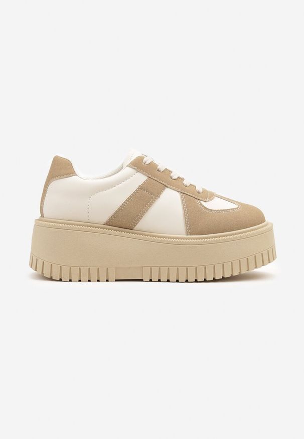 Renee - Ciemnobeżowe Sneakersy na Platformie Ozdobione Paskiem Vivesse. Okazja: na co dzień. Zapięcie: pasek. Kolor: beżowy. Materiał: jeans. Wzór: aplikacja. Obcas: na platformie