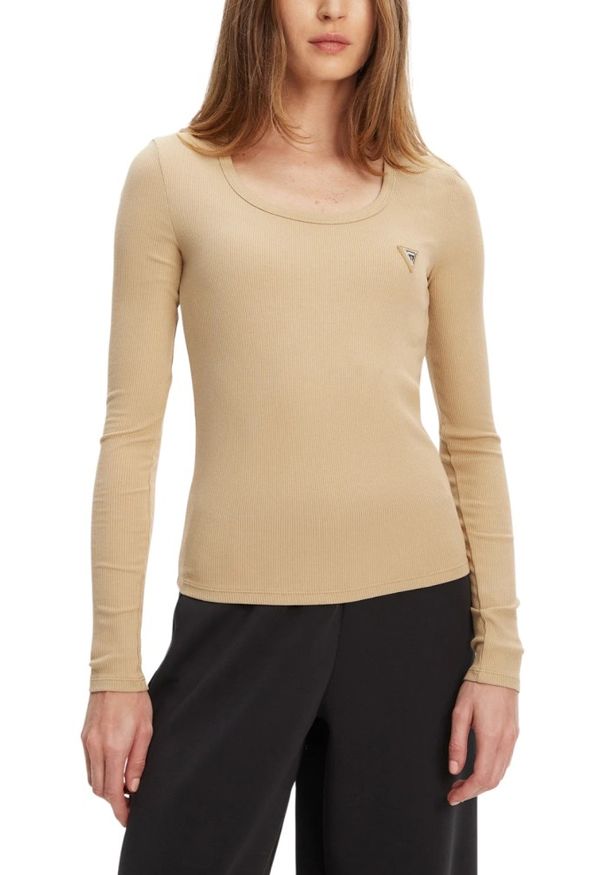 Guess - GUESS Beżowy damski longsleeve Colette. Kolor: beżowy. Długość rękawa: długi rękaw