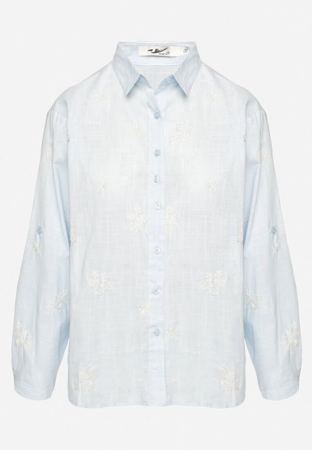 Born2be - Niebieska Bawełniana Koszula z Regulowanymi Rękawami Domira. Okazja: na co dzień. Typ kołnierza: dekolt w kształcie V, kołnierzyk klasyczny. Kolor: niebieski. Materiał: bawełna. Styl: casual, elegancki, klasyczny