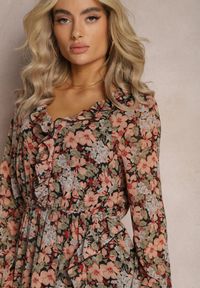 Renee - Czarno-Beżowa Sukienka Rozkloszowana w Kwiaty z Gumką w Pasie Bledareta. Kolor: beżowy. Materiał: materiał. Wzór: kwiaty #3
