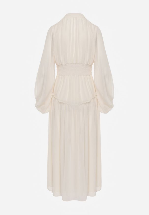 Renee - Jasnobeżowa Elegancka Sukienka w Stylu Vintage z Powlekanymi Guzikami i Marszczeniami Lefandia. Typ kołnierza: kołnierzyk stójkowy. Kolor: beżowy. Styl: elegancki, vintage