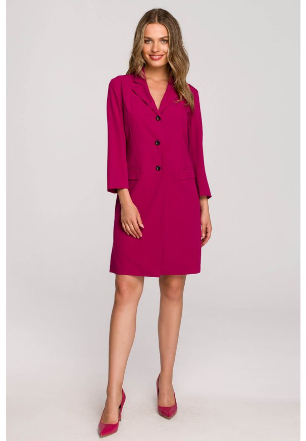 Stylove - Elegancka żakietowa sukienka marynarka z paskiem - śliwkowa. Materiał: elastan, poliester, wiskoza. Styl: elegancki