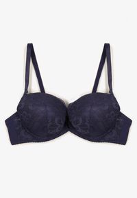 Renee - Granatowy Biustonosz Push Up z Koronkowym Zdobieniem Ravgis. Kolor: niebieski. Materiał: koronka. Rodzaj stanika: push-up. Wzór: aplikacja
