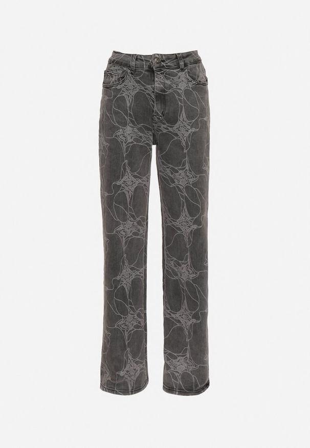 Born2be - Ciemnoszare Bawełniane Jeansy Szerokie w Abstrakcyjny Print Loramiasa. Okazja: na co dzień. Kolor: szary. Wzór: nadruk. Styl: casual