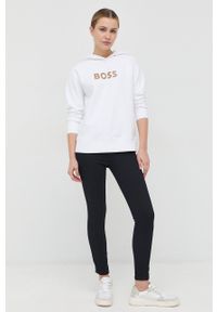 BOSS bluza bawełniana damska kolor biały z kapturem z nadrukiem. Okazja: na co dzień. Typ kołnierza: kaptur. Kolor: biały. Materiał: bawełna. Długość rękawa: długi rękaw. Długość: długie. Wzór: nadruk. Styl: casual #4