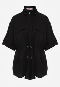 Born2be - Czarna Nietoperzowa Koszula Safari z Bawełną z Wiązaniem w Talii Tierona. Okazja: do pracy, na co dzień, na spotkanie biznesowe. Kolor: czarny. Materiał: bawełna. Długość: długie. Styl: biznesowy, casual #2