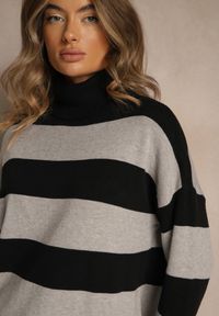 Renee - Czarno-Szary Golf Ozdobiony Paskami Raluna. Okazja: na co dzień. Typ kołnierza: golf. Kolor: czarny. Materiał: jeans. Wzór: aplikacja. Styl: casual