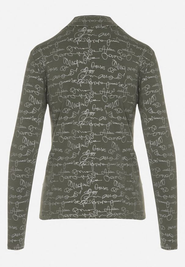 Born2be - Zielona Bluzka z Bawełny w Stylu Longsleeve z Półgolfem w Literowy Nadruk Azelenia. Okazja: na co dzień. Kolor: zielony. Materiał: bawełna. Długość rękawa: długi rękaw. Wzór: nadruk. Styl: casual