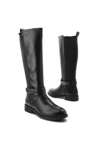 Czarne Kozaki Filippo Modne Buty Damskie. Okazja: na co dzień. Zapięcie: pasek. Kolor: czarny. Szerokość cholewki: normalna. Wzór: aplikacja. Materiał: materiał. Obcas: na obcasie. Styl: klasyczny, casual, elegancki. Wysokość obcasa: niski #4