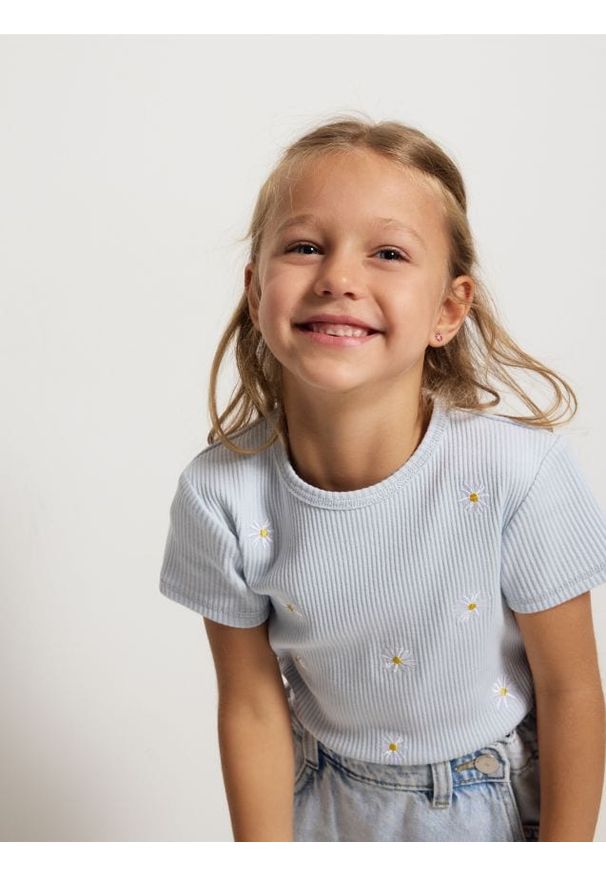 Reserved - Bawełniany t-shirt z haftem - jasnoniebieski. Kolor: niebieski. Materiał: bawełna. Wzór: haft