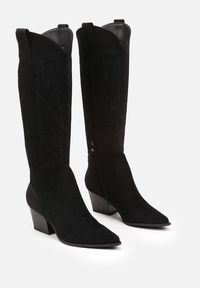 Born2be - Czarne Kozaki Kowbojki na Obcasie Stożku z Ekozamszu Iritane. Okazja: na co dzień. Zapięcie: zamek. Kolor: czarny. Materiał: jeans, skóra. Sezon: jesień. Obcas: na obcasie. Styl: wizytowy, casual, boho. Wysokość obcasa: średni