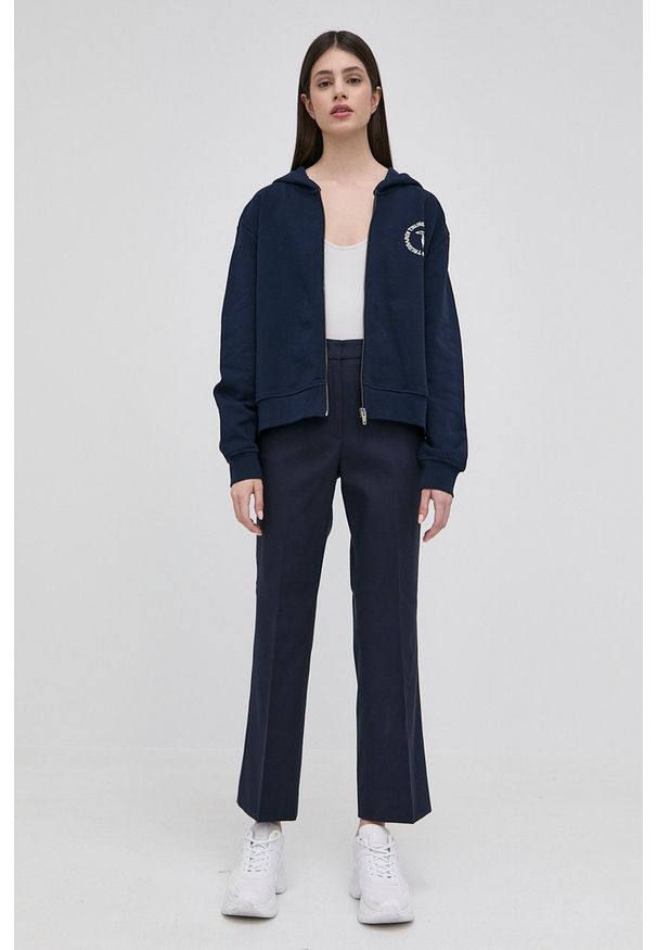 Trussardi Jeans - Trussardi bluza bawełniana damska kolor granatowy z kapturem gładka. Typ kołnierza: kaptur. Kolor: niebieski. Materiał: bawełna. Wzór: gładki