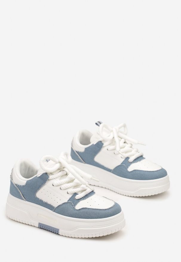 Born2be - Biało-Niebieskie Sneakersy na Platformie z Szerokimi Sznurówkami Ferinal. Wysokość cholewki: przed kostkę. Zapięcie: sznurówki. Kolor: biały. Szerokość cholewki: normalna. Obcas: na platformie