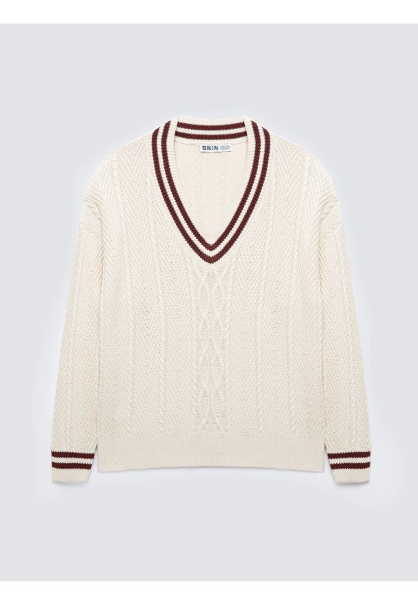 Big-Star - Sweter damski z wiskozy z dekoltem v-neck kremowy Cyntylia 102. Kolor: kremowy. Materiał: wiskoza. Wzór: ze splotem. Styl: klasyczny