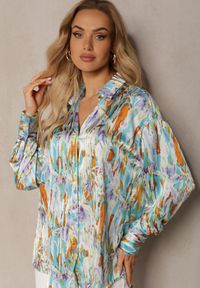 Renee - Niebiesko-Beżowa Klasyczna Koszula z Guzikami z Przedłużonymi Mankietami Keirania. Kolor: niebieski. Styl: klasyczny