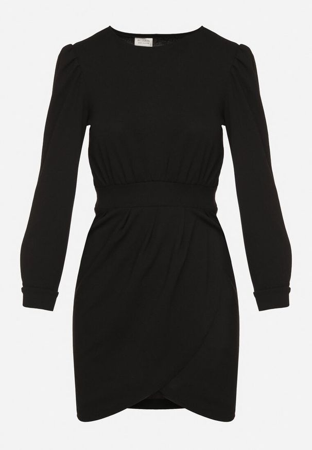 Born2be - Czarna Sukienka z Marszczeniem i Bufiastymi Rękawami Redenia. Kolor: czarny. Styl: klasyczny, elegancki