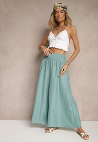 Renee - Miętowe Szerokie Spodnie High Waist z Elastycznymi Gumkami w Talii Varbia. Okazja: na co dzień. Stan: podwyższony. Kolor: zielony. Styl: elegancki, casual #4