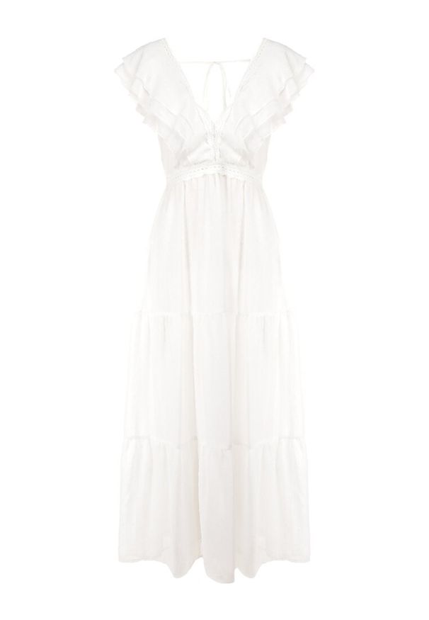 Born2be - Biała Sukienka Diomena. Typ kołnierza: kołnierz z falbankami. Kolor: biały. Materiał: koronka, tkanina. Wzór: koronka. Długość: maxi