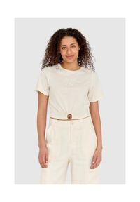 Guess - GUESS Kremowy t-shirt damski cropped fit piercing, Rozmiar L. Kolor: beżowy. Materiał: bawełna #1