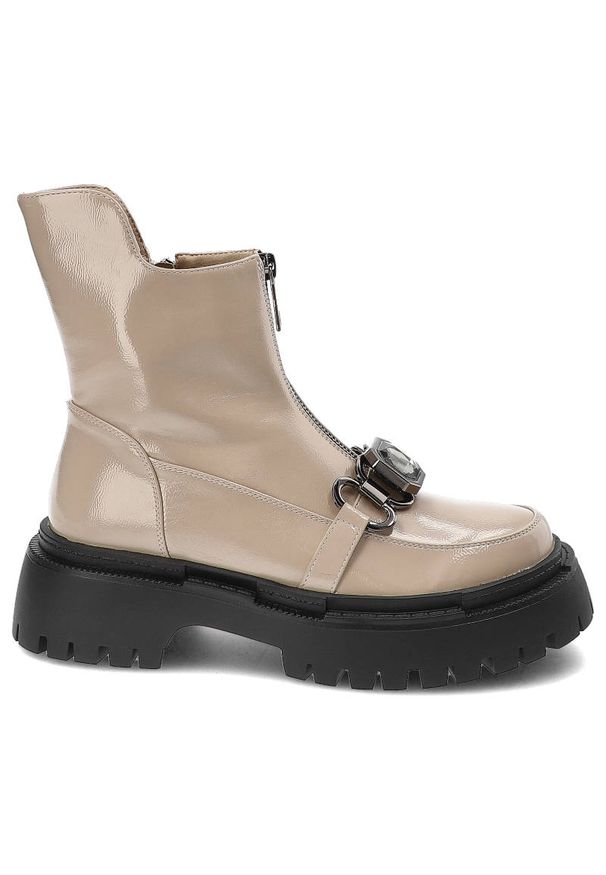 Beżowe Botki S.Barski Modne Buty Damskie. Zapięcie: klamry. Kolor: beżowy. Materiał: skóra ekologiczna. Obcas: na platformie. Styl: elegancki
