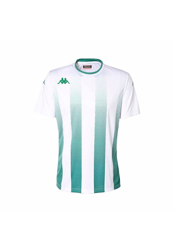 Jersey Kappa Bugo. Kolor: wielokolorowy, biały, zielony. Materiał: jersey. Długość rękawa: krótki rękaw. Długość: krótkie. Wzór: nadruk, paski. Sport: piłka nożna