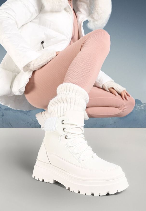 Born2be - Białe Traperki Sznurowane Trapery Jette. Wysokość cholewki: za kostkę. Nosek buta: okrągły. Kolor: biały. Materiał: futro, jeans. Szerokość cholewki: normalna