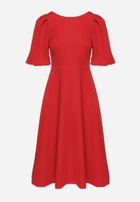 Born2be - Czerwona Sukienka o Rozkloszowanym Kroju z Bufiastymi Rękawami Melisseia. Kolor: czerwony. Styl: klasyczny #6