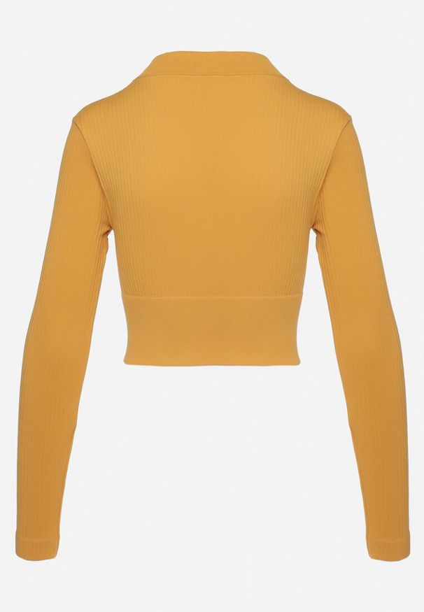 Born2be - Żółta Krótka Bluza z Prążkowanego Materiału Zapinana na Suwaki Idendia. Kolor: żółty. Materiał: prążkowany, materiał. Długość: krótkie. Styl: sportowy