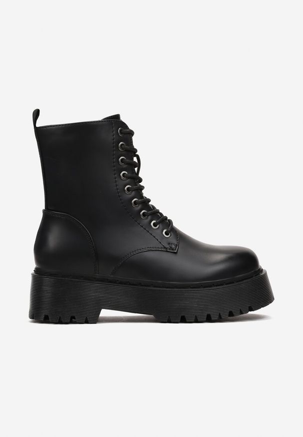 Born2be - Czarne Botki Workery na Platformie ze Sznurowaniem Ixuelli. Nosek buta: okrągły. Kolor: czarny. Materiał: jeans, skóra, dzianina. Obcas: na platformie. Styl: klasyczny, elegancki