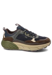 Granatowe Sneakersy Jeep Modne Obuwie Męskie. Kolor: niebieski. Materiał: materiał. Szerokość cholewki: normalna. Wzór: napisy