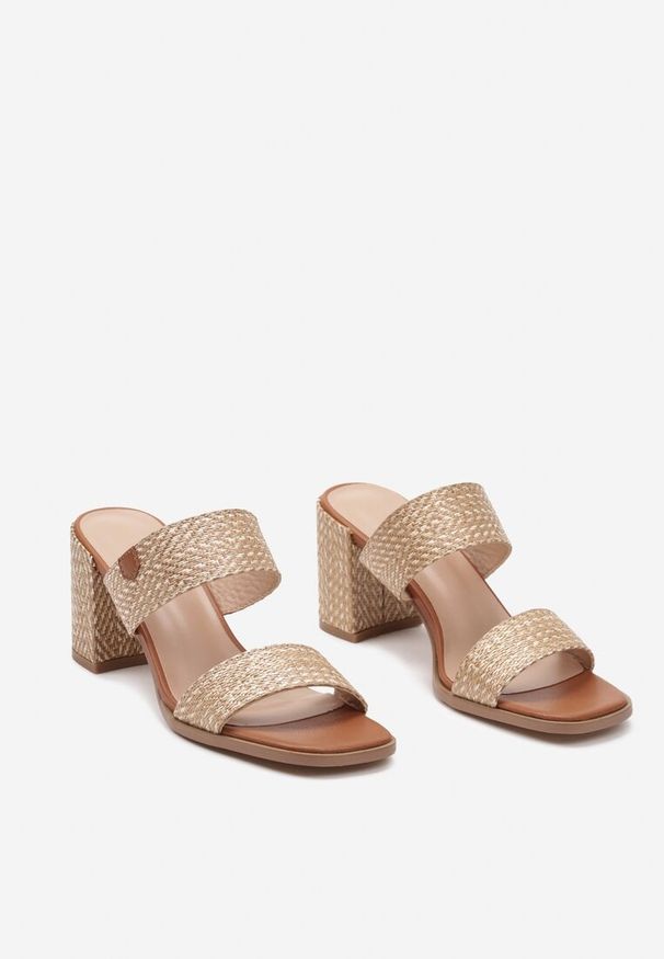 Born2be - Brązowe Klapki z Ozdobnego Materiału na Obcasie i Paskach Naraiah. Kolor: brązowy. Materiał: materiał. Obcas: na obcasie. Styl: elegancki, wizytowy. Wysokość obcasa: średni