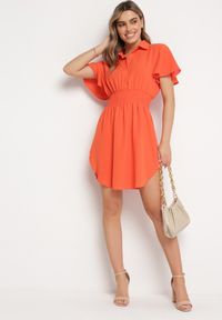 Born2be - Pomarańczowa Koszulowa Sukienka Mini z Wiskozy o Rozkloszowanym Kroju Hokese. Kolor: pomarańczowy. Materiał: wiskoza. Typ sukienki: koszulowe. Długość: mini #2