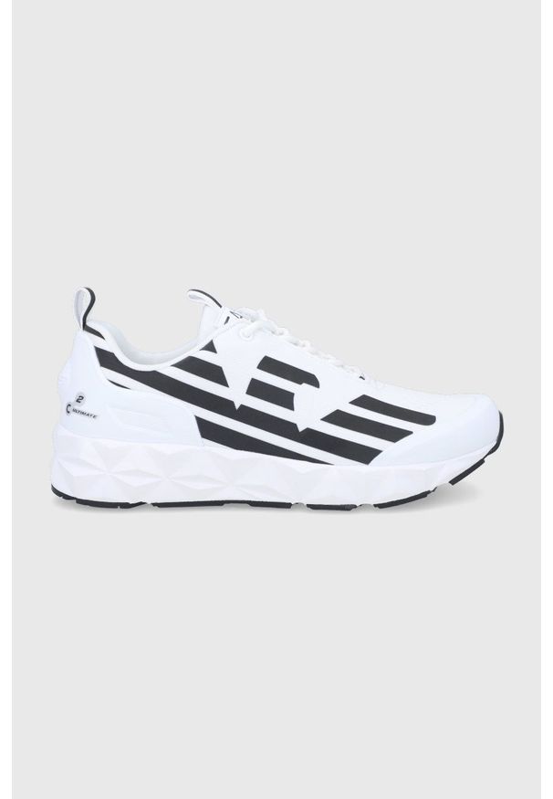 EA7 Emporio Armani Buty kolor biały na płaskiej podeszwie. Nosek buta: okrągły. Zapięcie: sznurówki. Kolor: biały. Materiał: guma. Obcas: na płaskiej podeszwie
