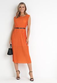 Born2be - Pomarańczowa Plisowana Sukienka Midi z Paskiem z Imitacji Skóry Sharia. Kolor: pomarańczowy. Materiał: skóra. Długość rękawa: bez rękawów. Styl: elegancki. Długość: midi #5
