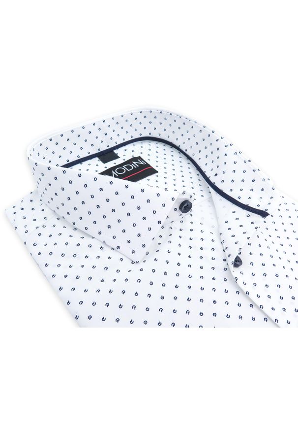 Modini - Biała koszula z krótkim rękawkiem, w granatowy wzorek YK09. Kolor: biały, wielokolorowy, niebieski. Materiał: bawełna, poliester, tkanina. Długość rękawa: krótki rękaw. Długość: krótkie. Styl: klasyczny