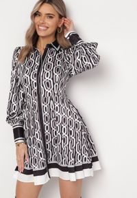 Born2be - Czarno-Biała Mini Koszulowa Sukienka o Rozkloszowanym Fasonie z Paskiem Amburia. Kolor: czarny. Materiał: materiał. Typ sukienki: koszulowe. Długość: mini #2