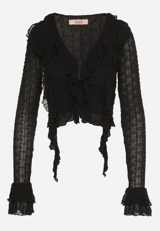 Born2be - Czarna Siateczkowa Bluzka VICES z Ozdobnym Tłoczeniem i Falbankami Navite. Okazja: na co dzień, na randkę. Typ kołnierza: kołnierz z falbankami. Kolor: czarny. Materiał: jeans. Długość rękawa: długi rękaw. Długość: długie. Styl: casual