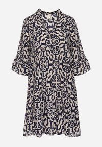 Born2be - Granatowa Sukienka Rozkloszowana z Bawełny w Etniczny Wzór Zalista. Okazja: na co dzień. Kolor: niebieski. Materiał: bawełna. Typ sukienki: rozkloszowane. Styl: boho, casual #7