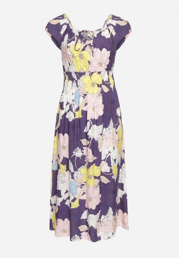 Born2be - Fioletowo-Żółta Sukienka z Bawełny o Rozkloszowanym Kroju z Gumką w Talii Euretta. Okazja: na co dzień. Kolor: fioletowy. Materiał: bawełna. Sezon: lato. Typ sukienki: rozkloszowane. Styl: casual, klasyczny